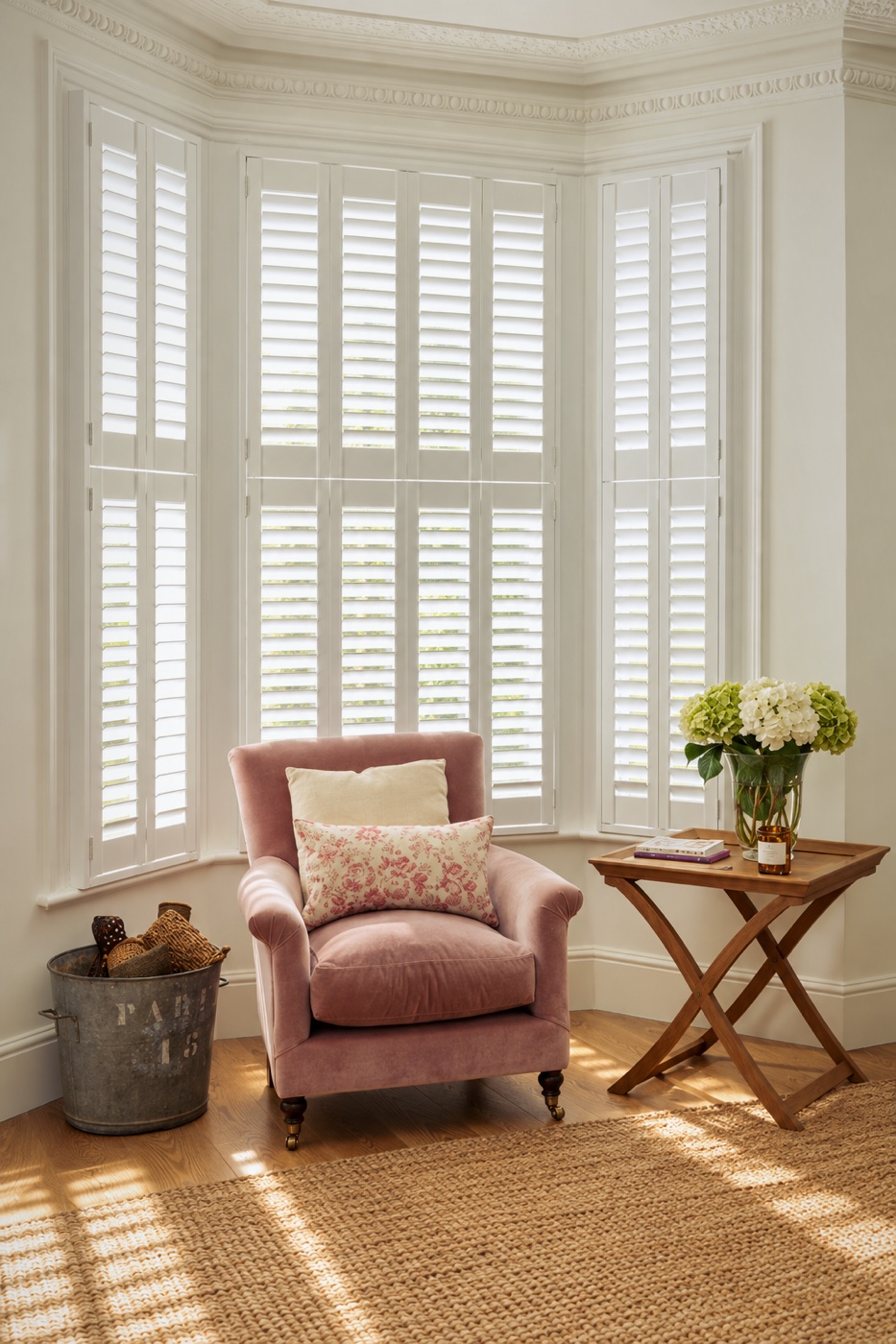 White full-height plantation shutters in a bay window, with a pink velvet armchair and hydrangeas on a side table
