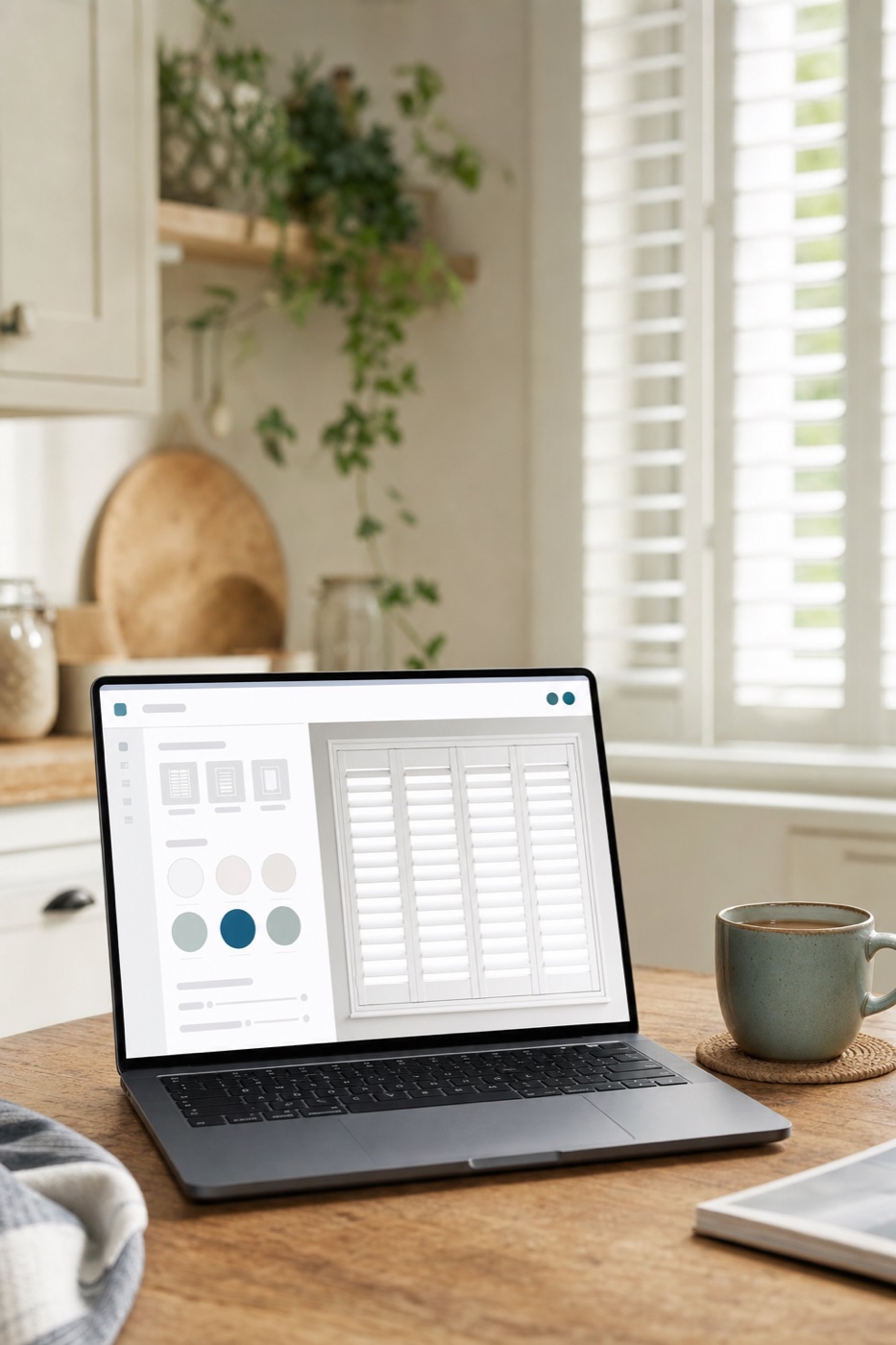 Laptop showing the online shutter configurator in a bright kitchen