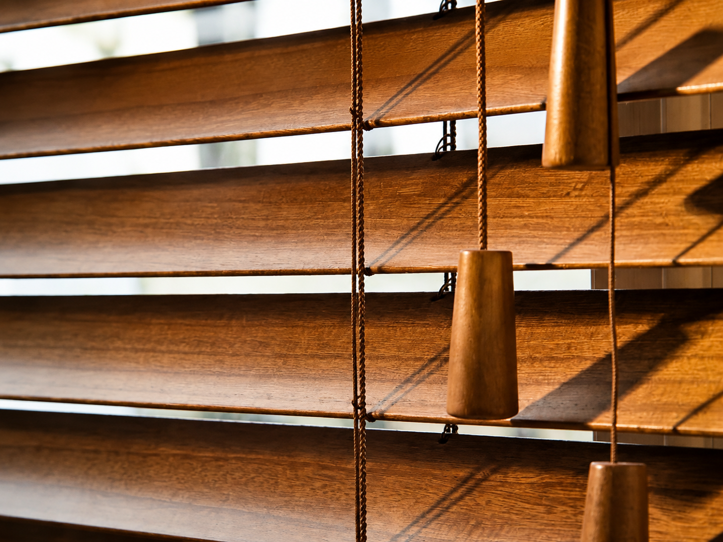 Close detail of genuine wooden Venetian blind slats