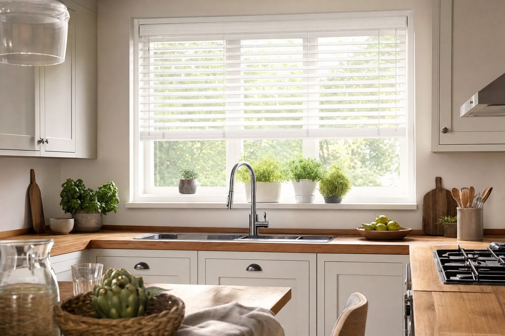 White faux wood Venetian blind above a kitchen sink