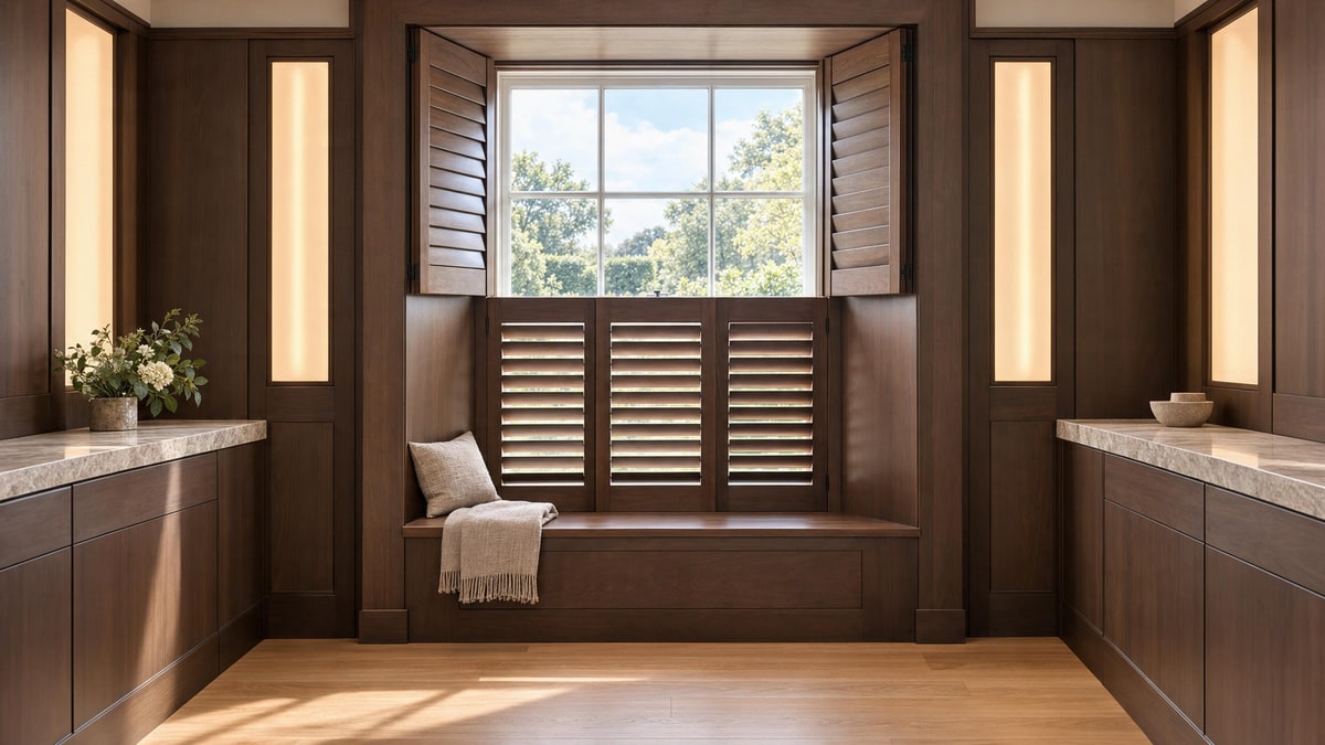 Dark stained wooden tier-on-tier shutters over a panelled window seat