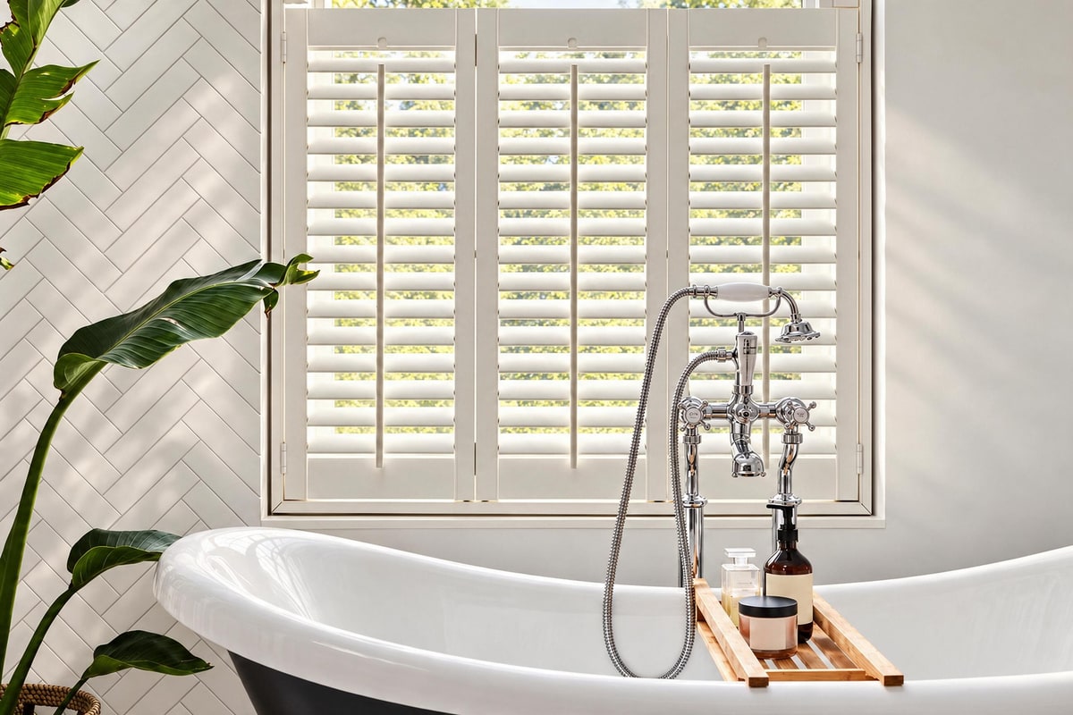 Genuine Java waterproof café-style shutters fitted beside a bath
