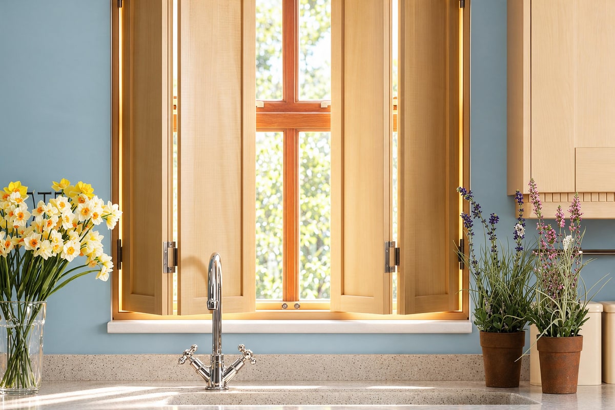 Genuine Solid Shaker shutters fitted in a kitchen