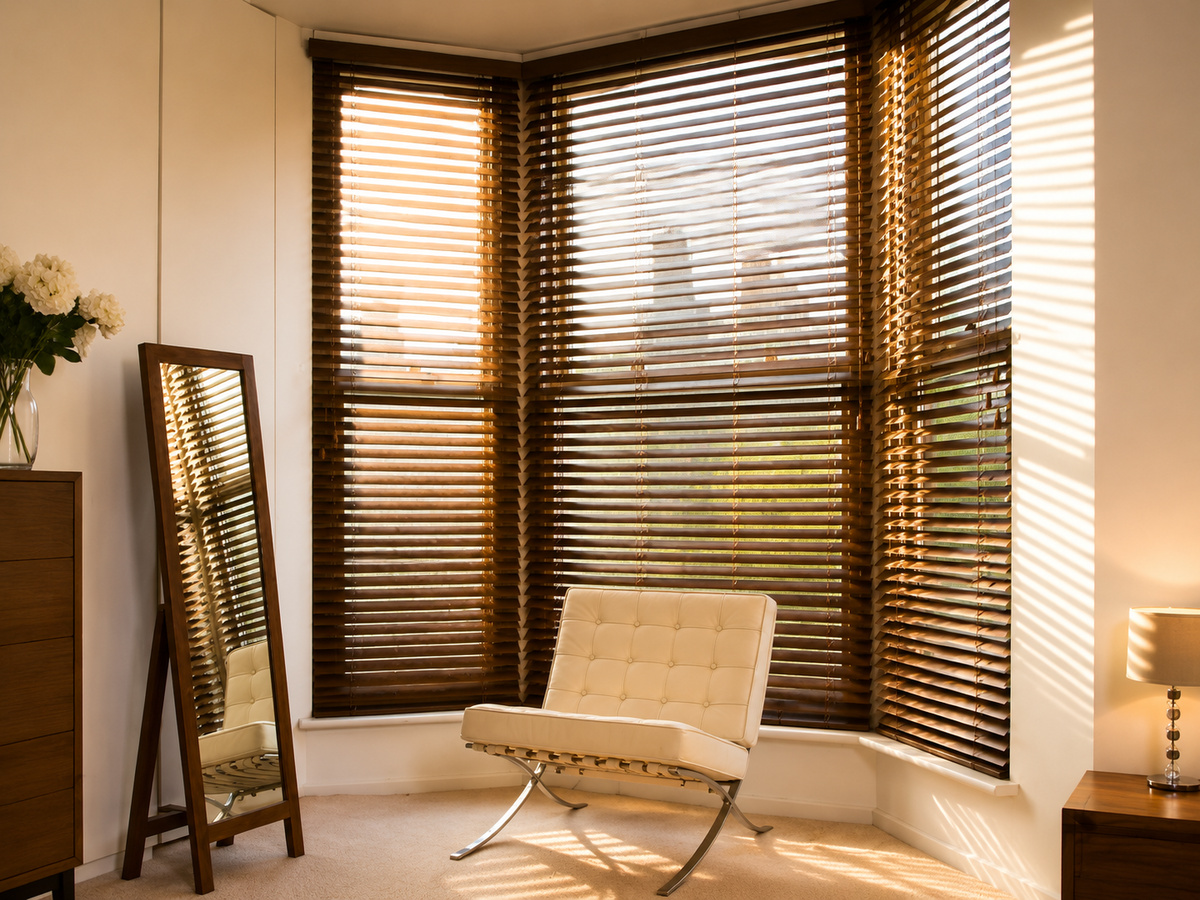 Dark wood Venetian blinds fitted around a bay window