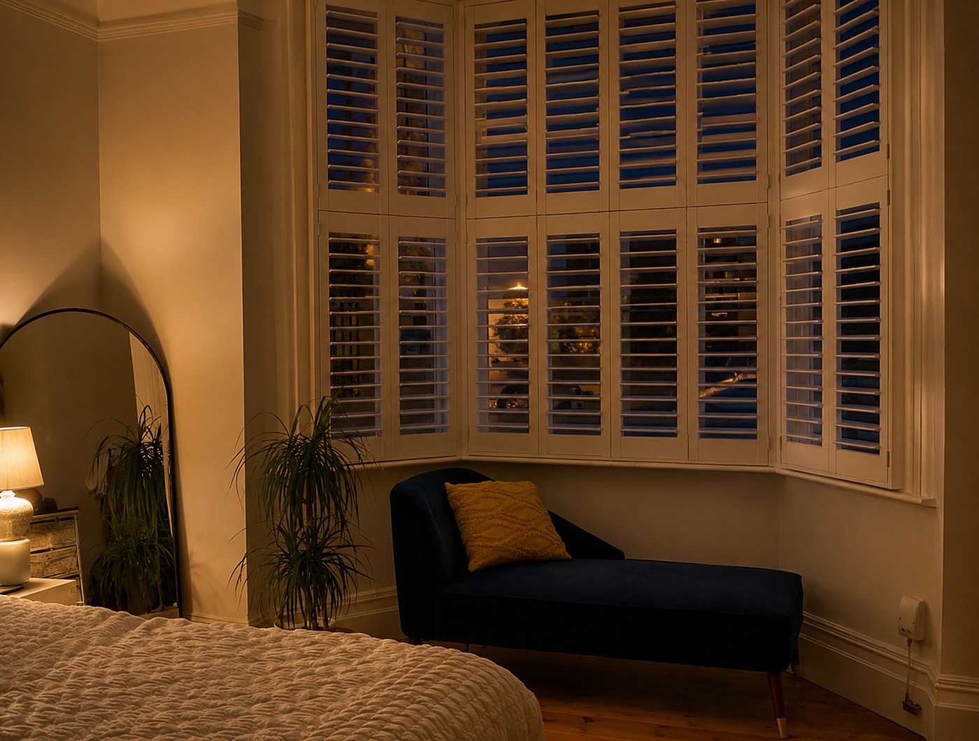 Cuba basswood shutters fitted around a Crystal Palace bay window