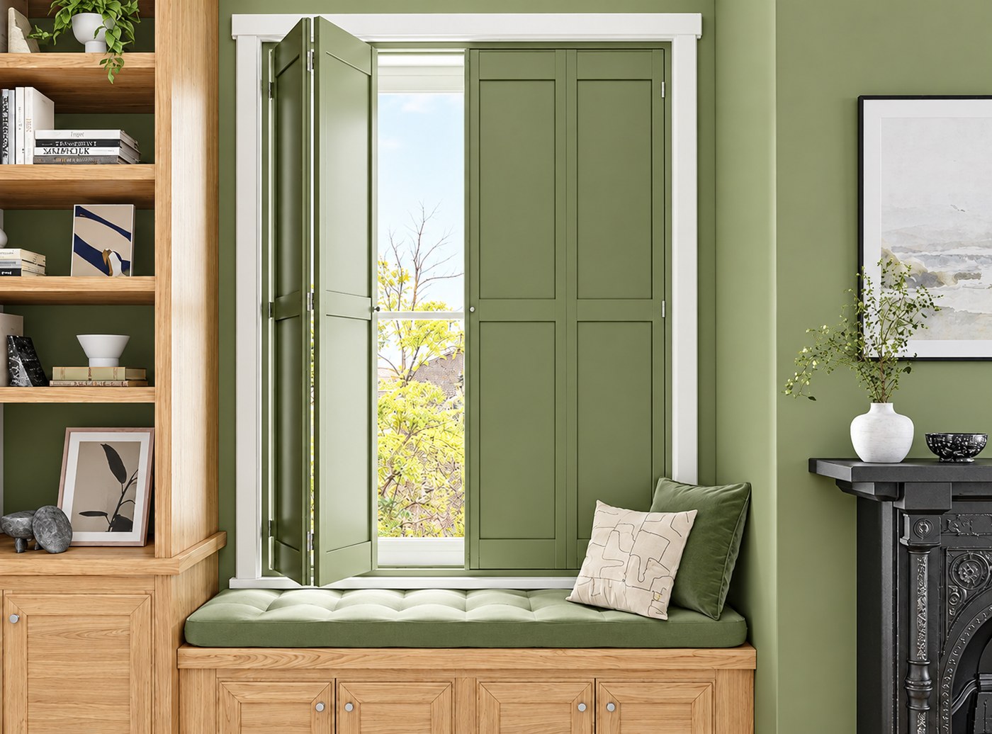Green Hawaii hardwood shutters above a window seat