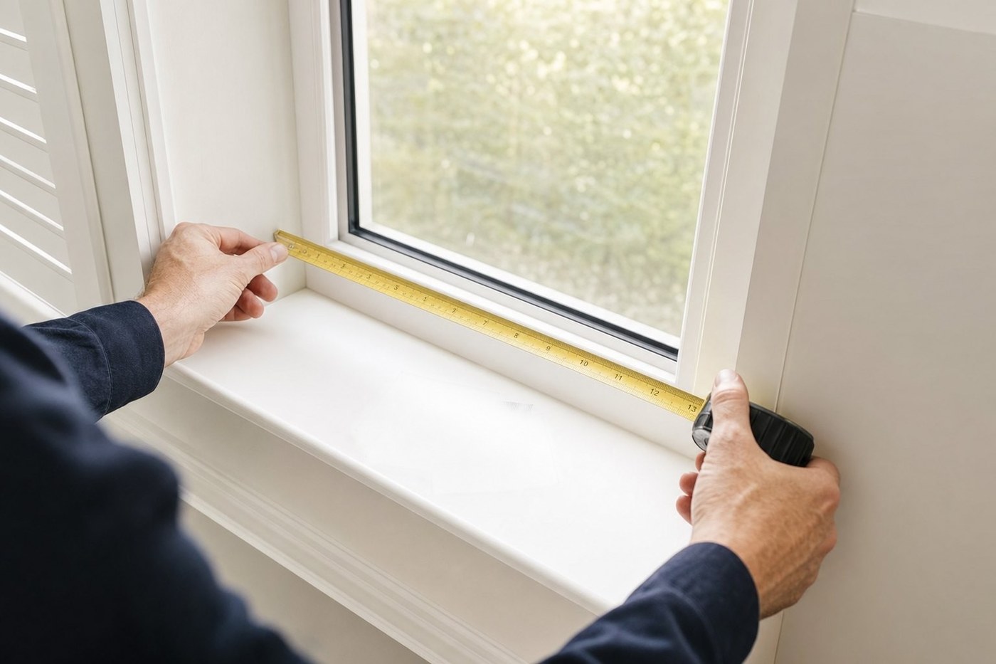 A Shutter Shop specialist measuring a window recess for shutters and room darkening blinds