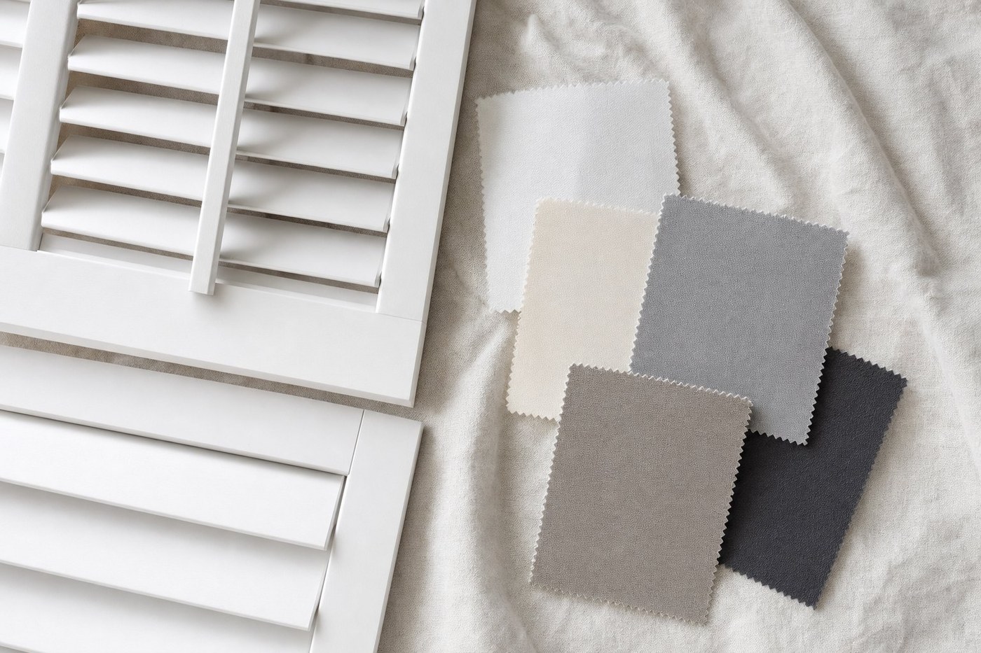 Shutter louvre samples with room darkening fabric swatches
