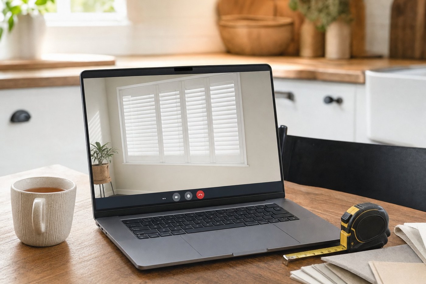 Laptop on a kitchen table ready for a video survey