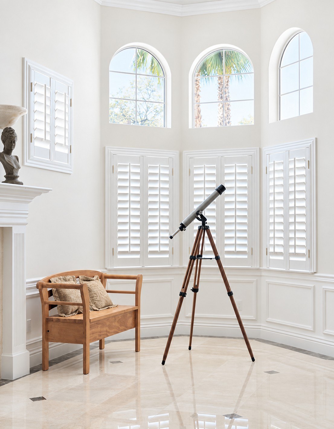 White full height plantation shutters in a bay of arched windows with a wooden bench and a telescope