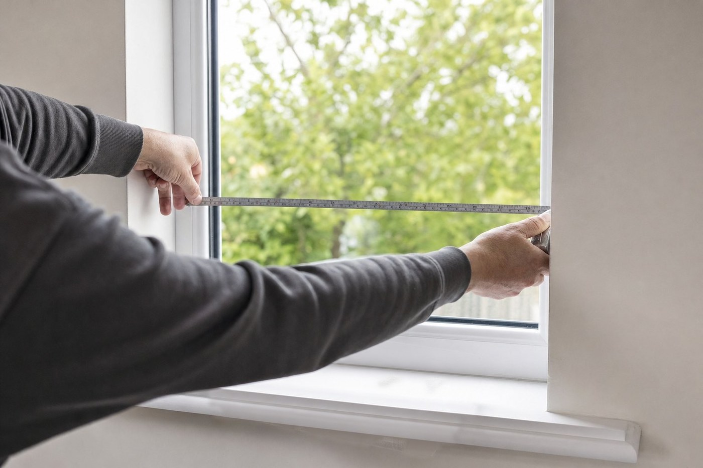 A Shutter Shop specialist measuring a window recess for a Roman blind