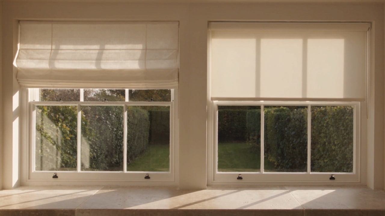 Roman and roller blinds compared side by side