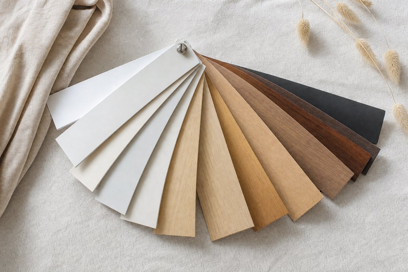Wooden Venetian blind slat samples fanned out in paints and stains