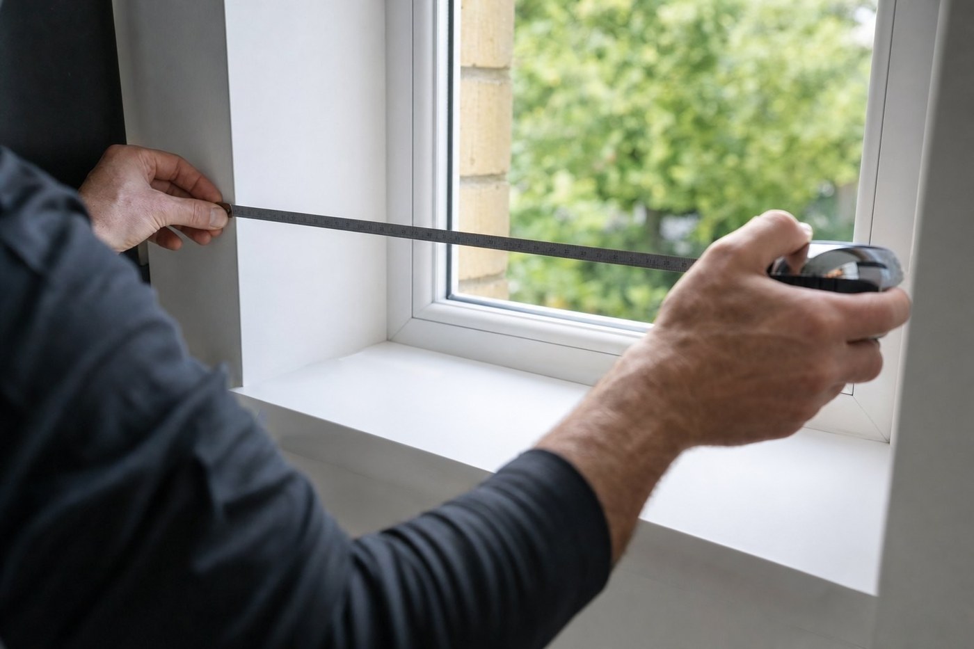 A Shutter Shop specialist measuring a window recess for a wooden Venetian blind