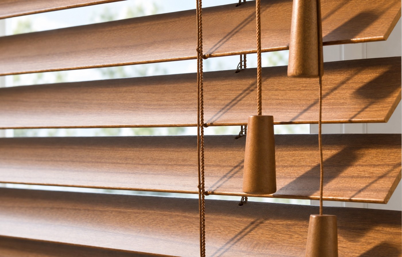 Close-up of stained wood Venetian blind slats, ladder cords and pull acorns