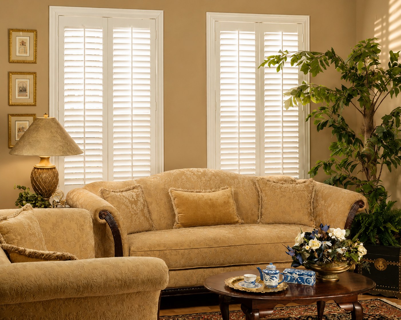 White plantation shutters behind seating in a warm living room