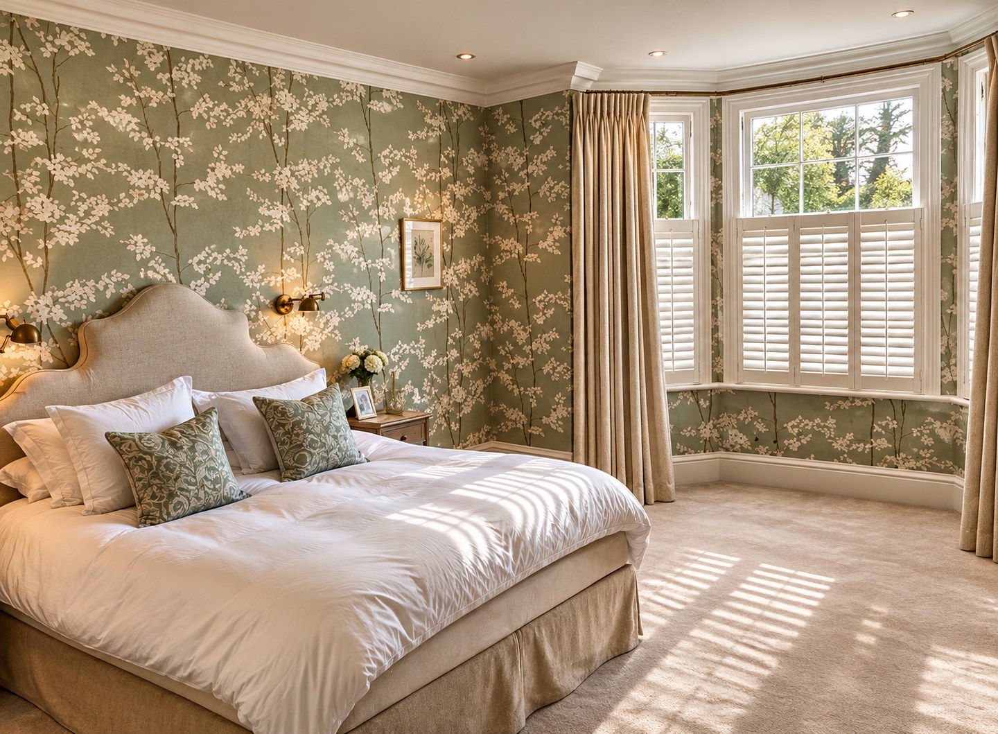 Bedroom in an Ealing family home with café style wooden shutters
