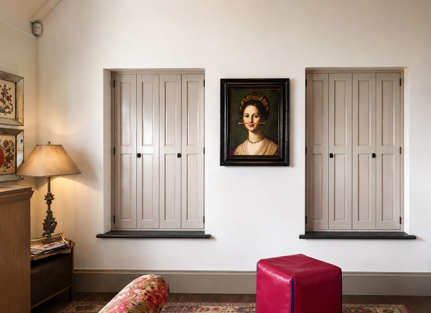 Portrait between two windows fitted with closed solid wooden shutters in Henley