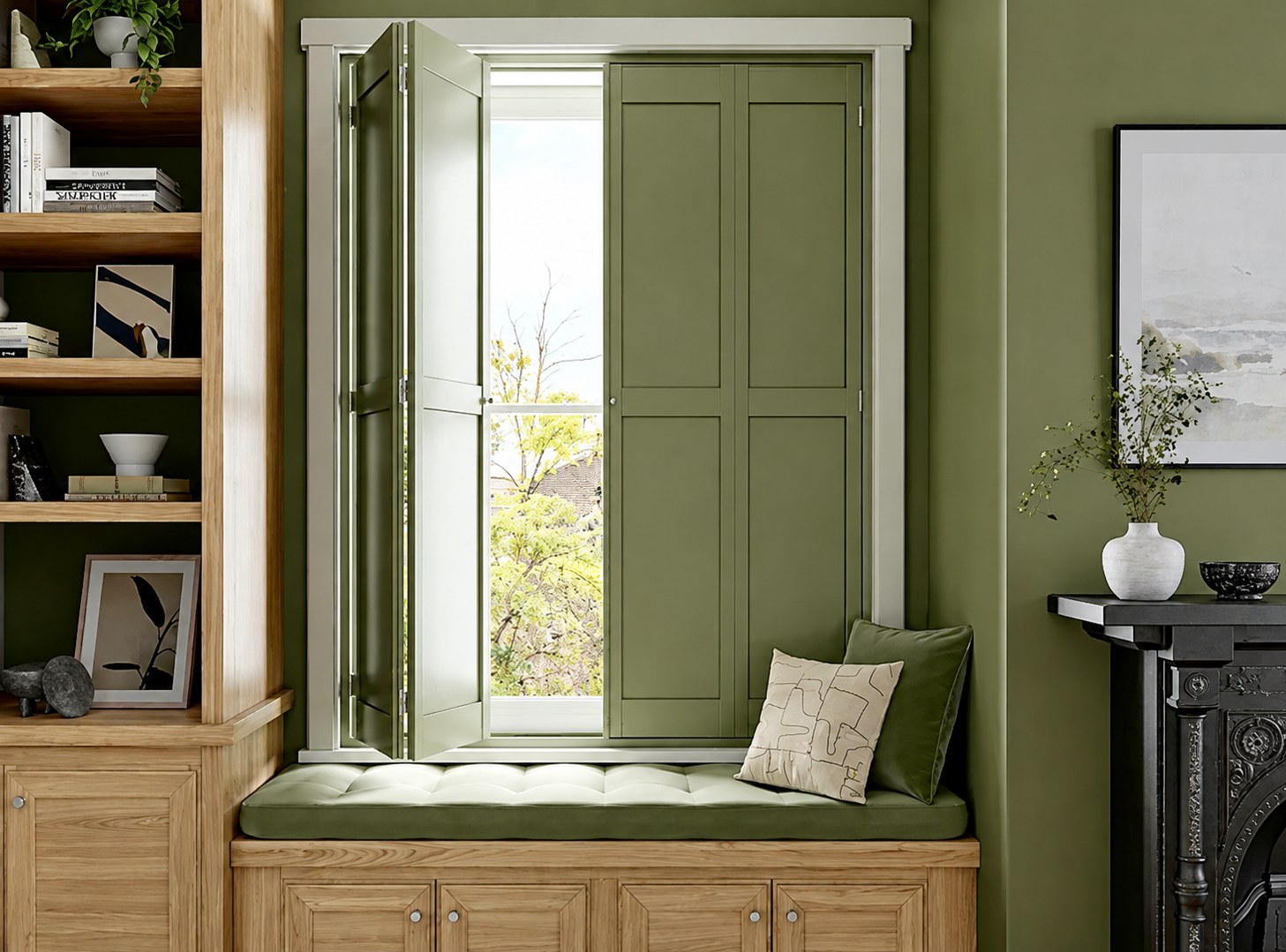 Green Hawaii Paulownia hardwood shutters fitted above a built-in window seat