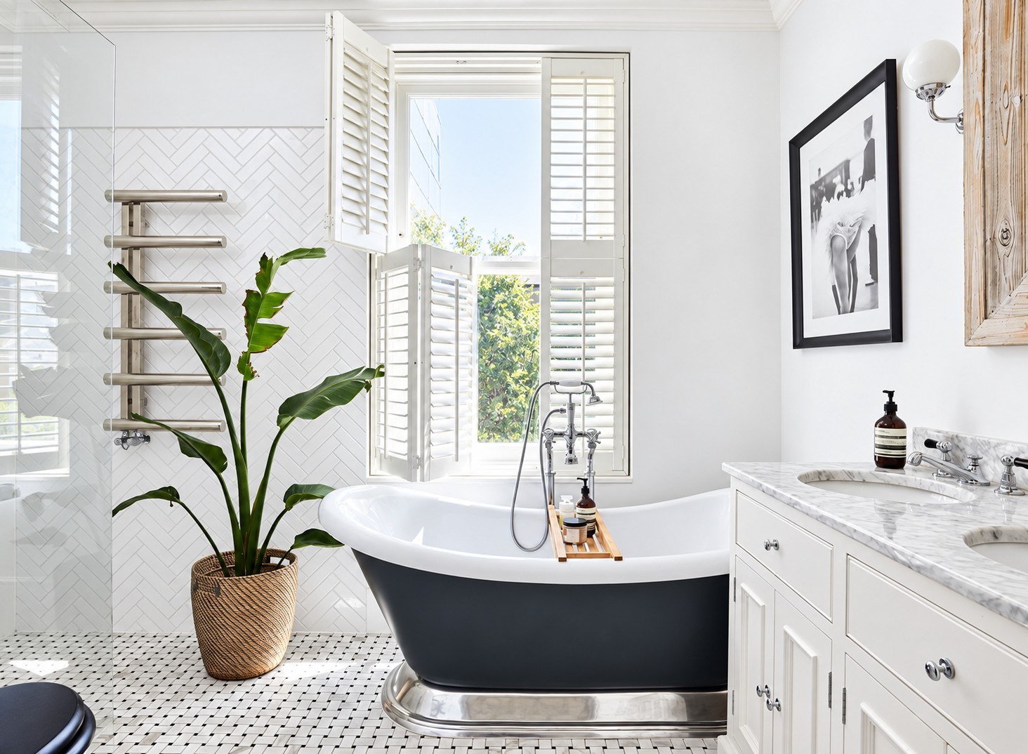 Tier on Tier shutters beside a freestanding bath