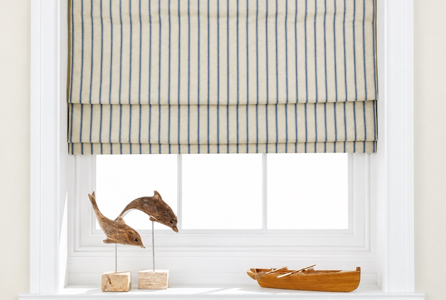 Striped Roman blind handmade to fit a white sash window