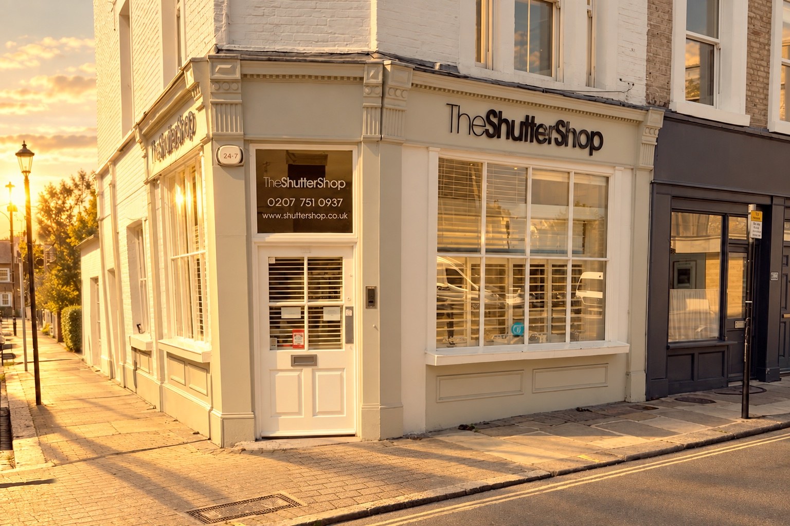 The Shutter Shop corner showroom on Waterford Road, Fulham, in warm evening light