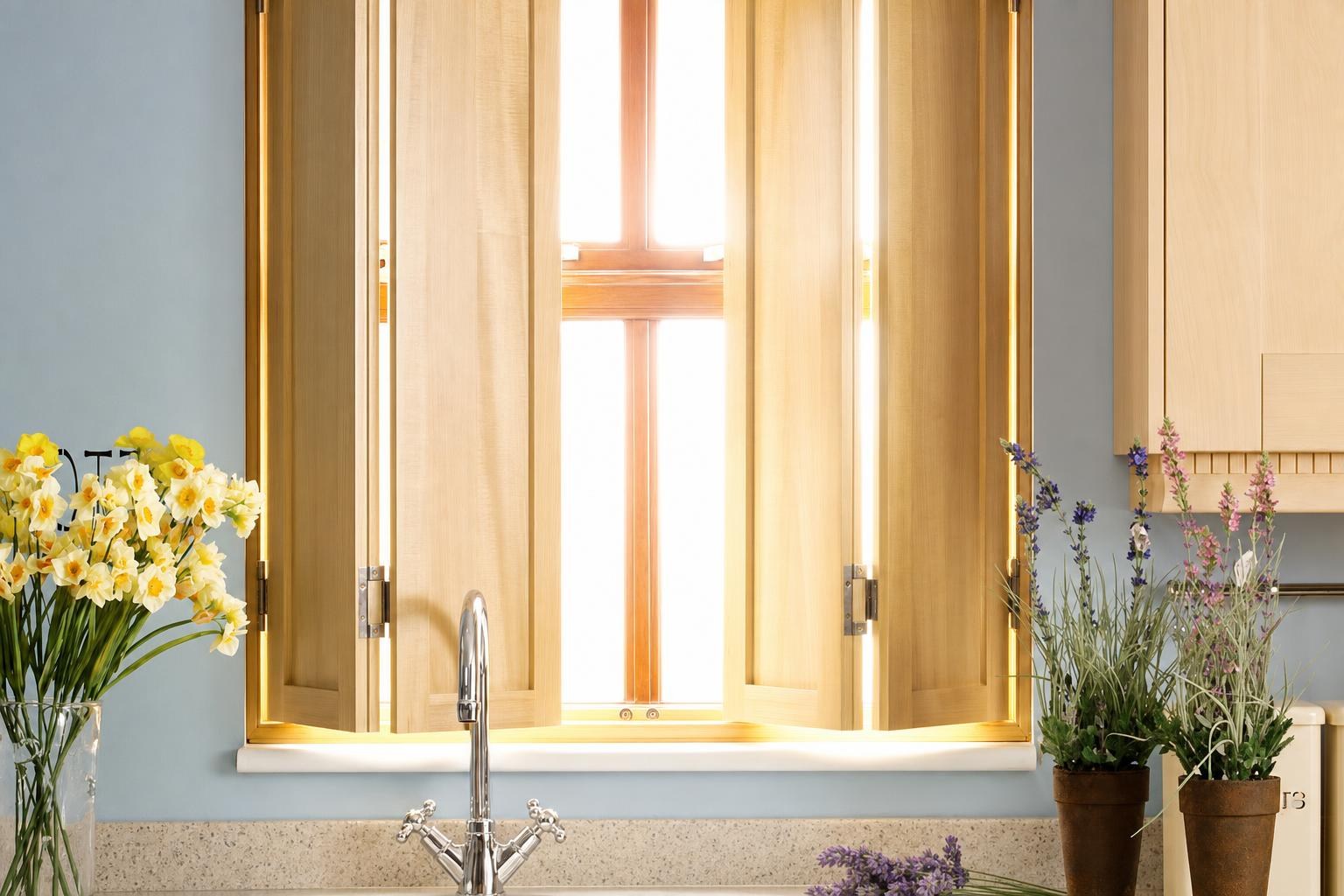 Natural wood solid-panel shutters fitted in a real kitchen