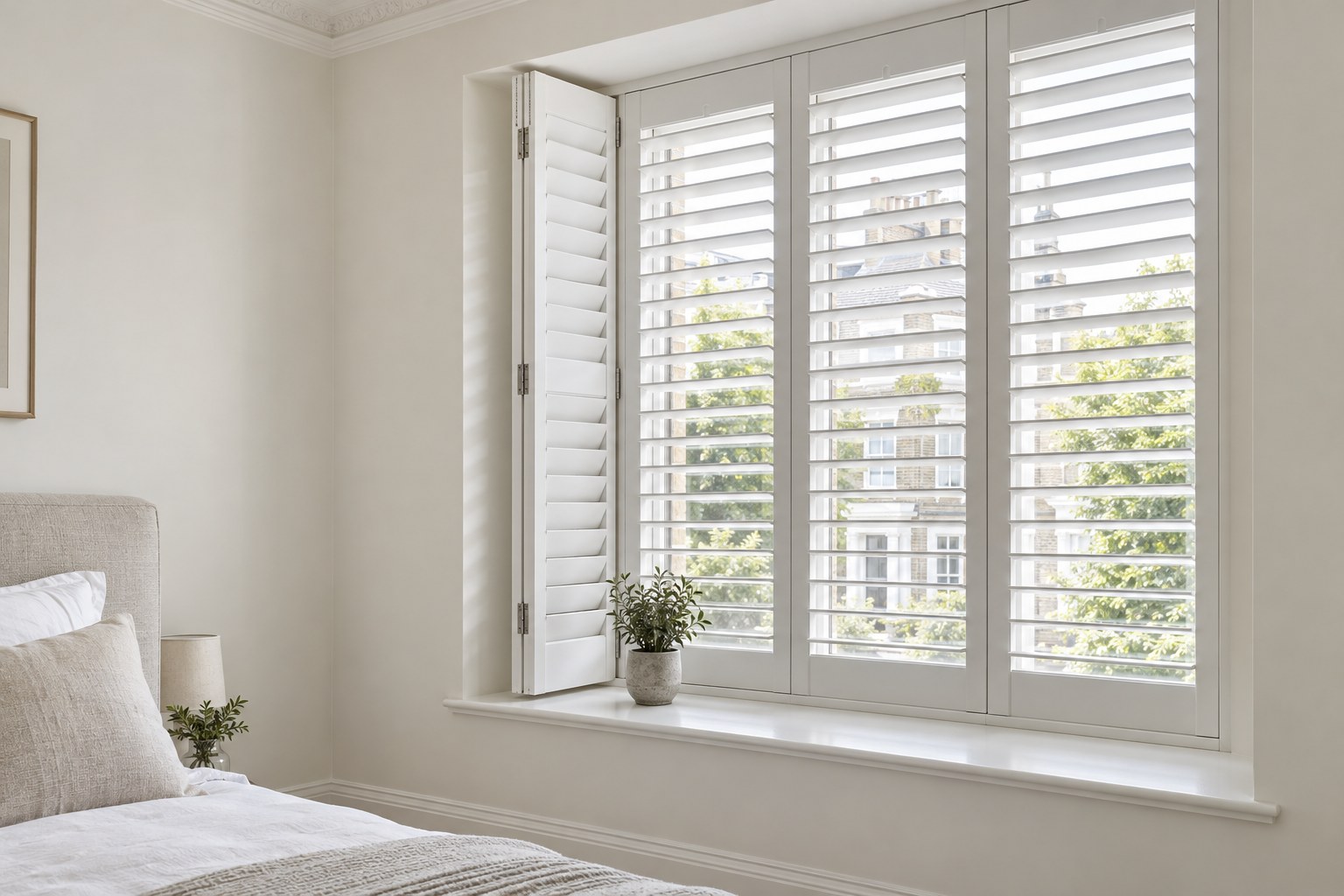 White plantation shutters inside-mounted in a deep bedroom window recess, one panel folded back against the reveal