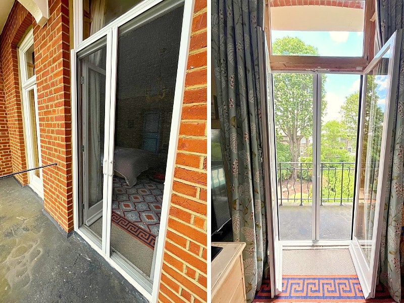 Retractable insect screens fitted to balcony doors in a Kensington apartment