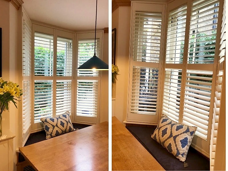 Plantation shutters fitted around a bay window in Wandsworth