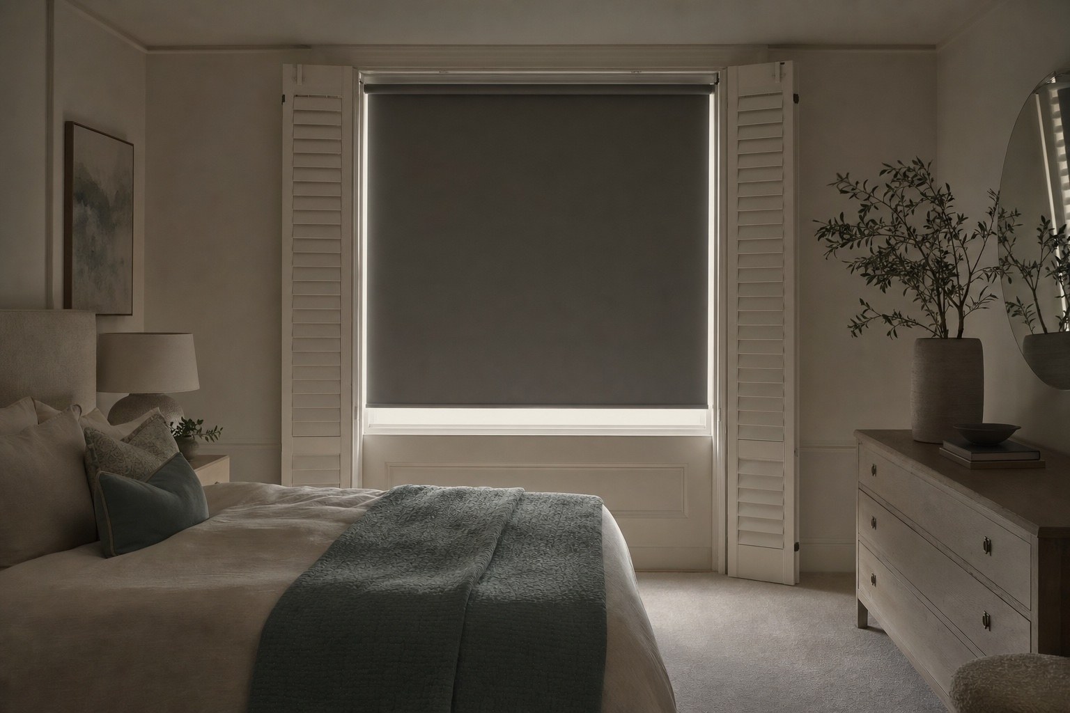 Integrated room darkening blind in a bedroom