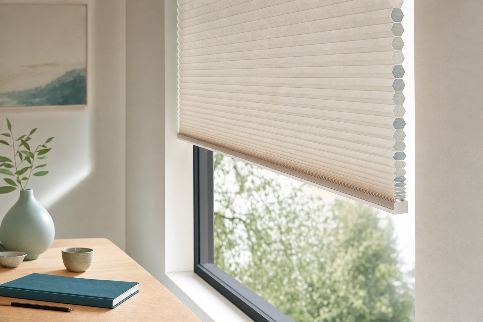 Honeycomb blind behind shutters