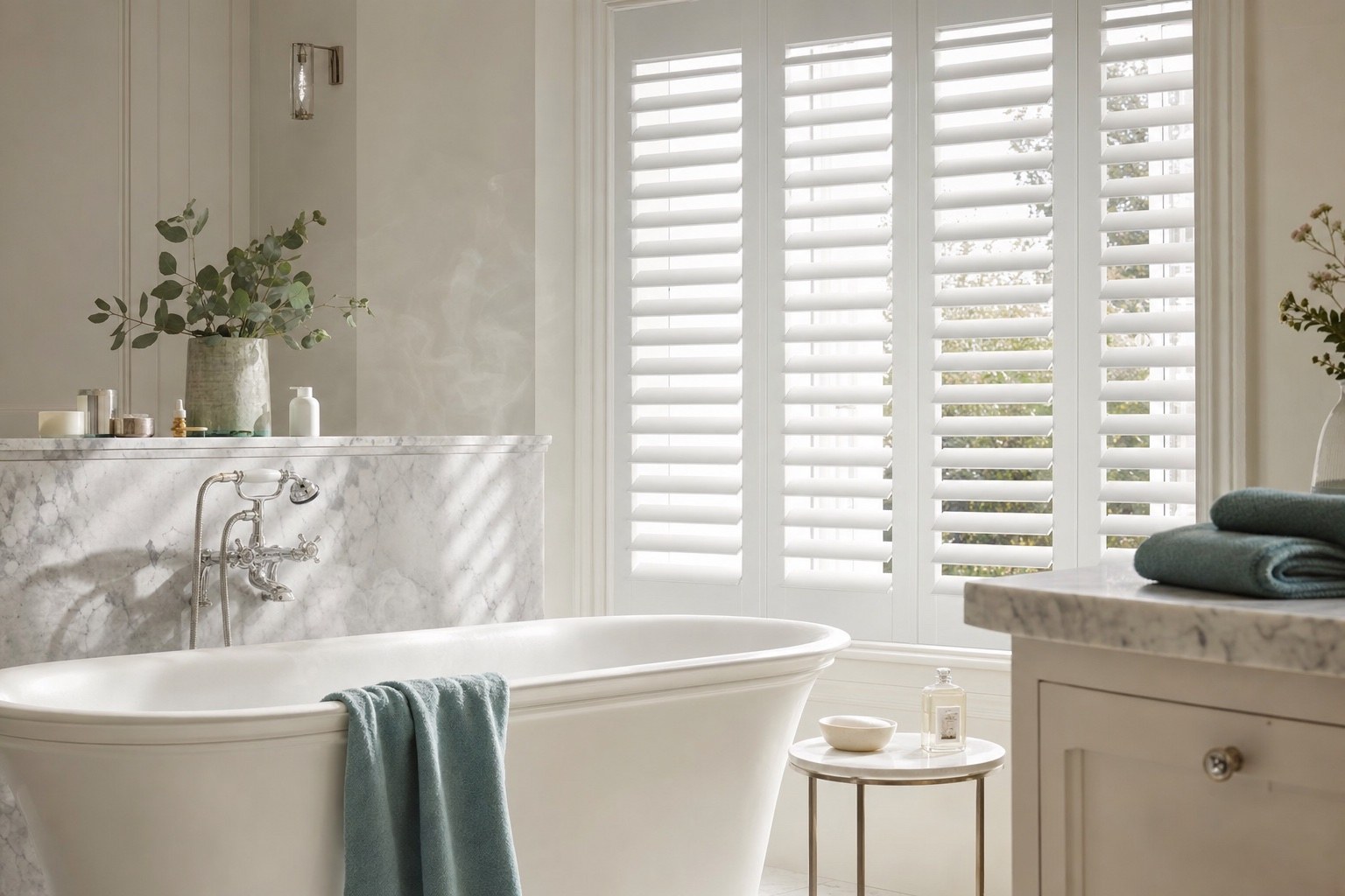 Waterproof shutters beside a freestanding bath