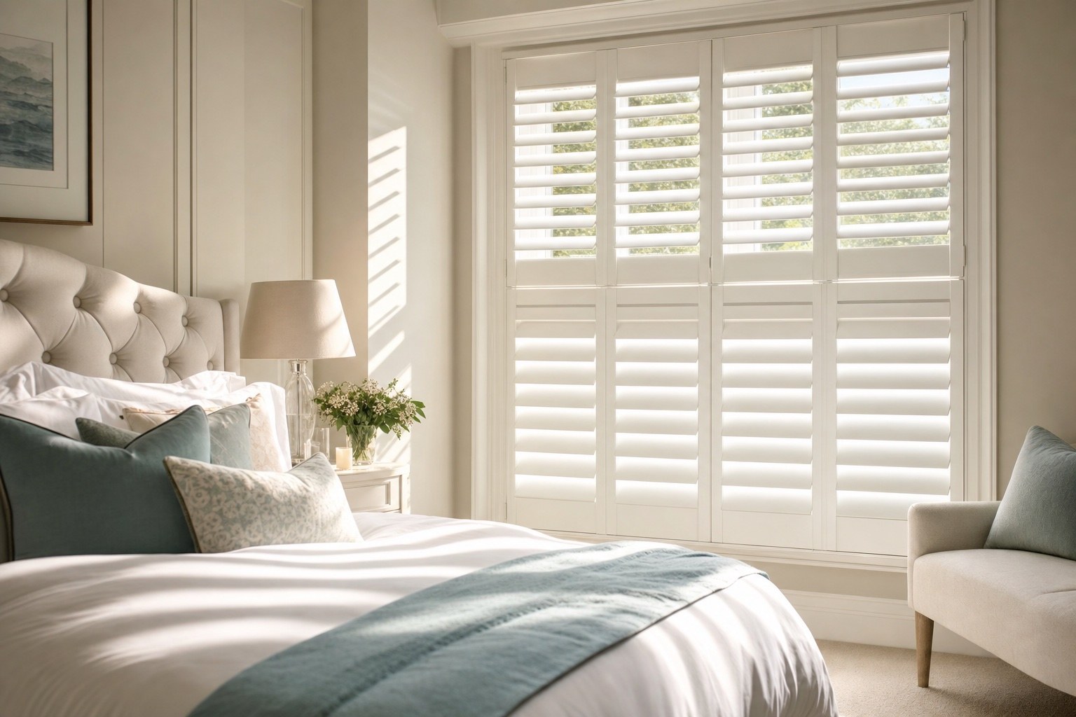 Tier on tier shutters in a calm bedroom