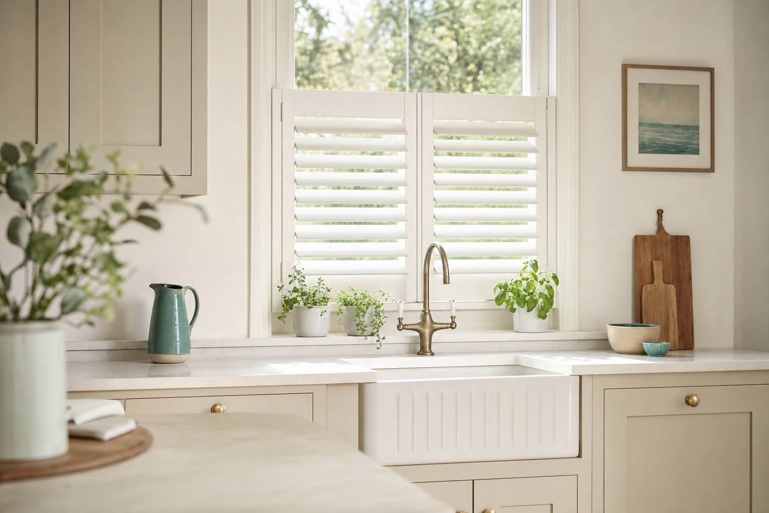 Café style shutters above a kitchen sink