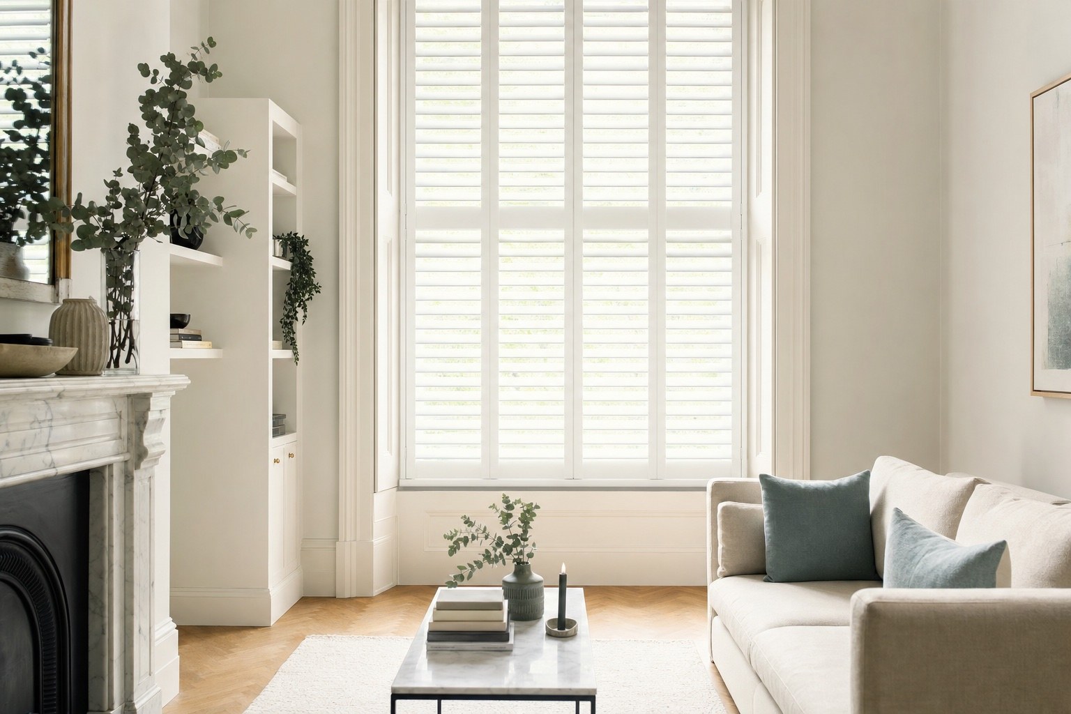 Full height shutters in a bright living room