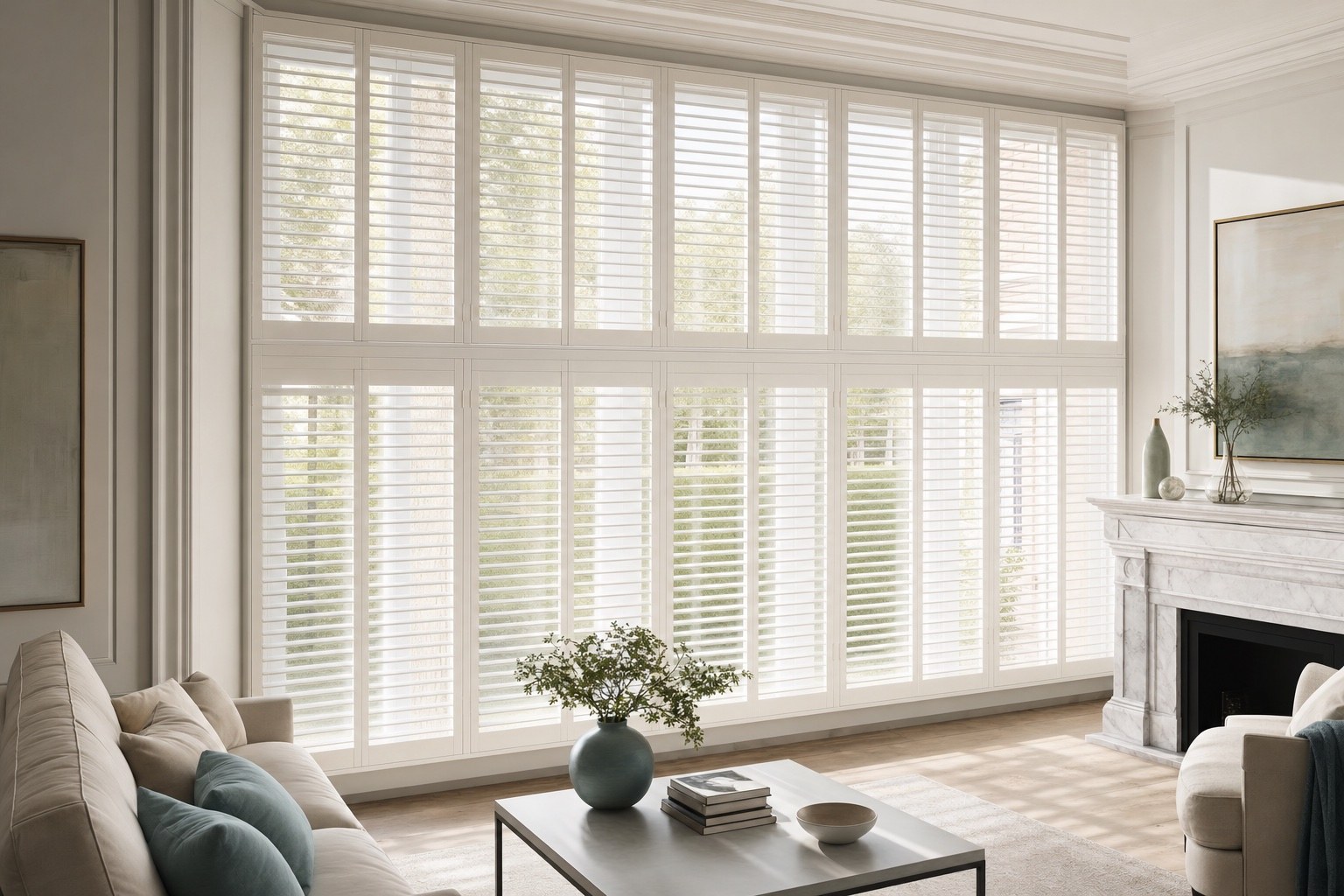 Hawaii hardwood plantation shutters across a wide living room window