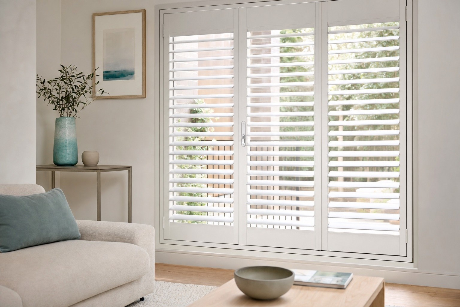 White Portchester aluminium shutters in a living room