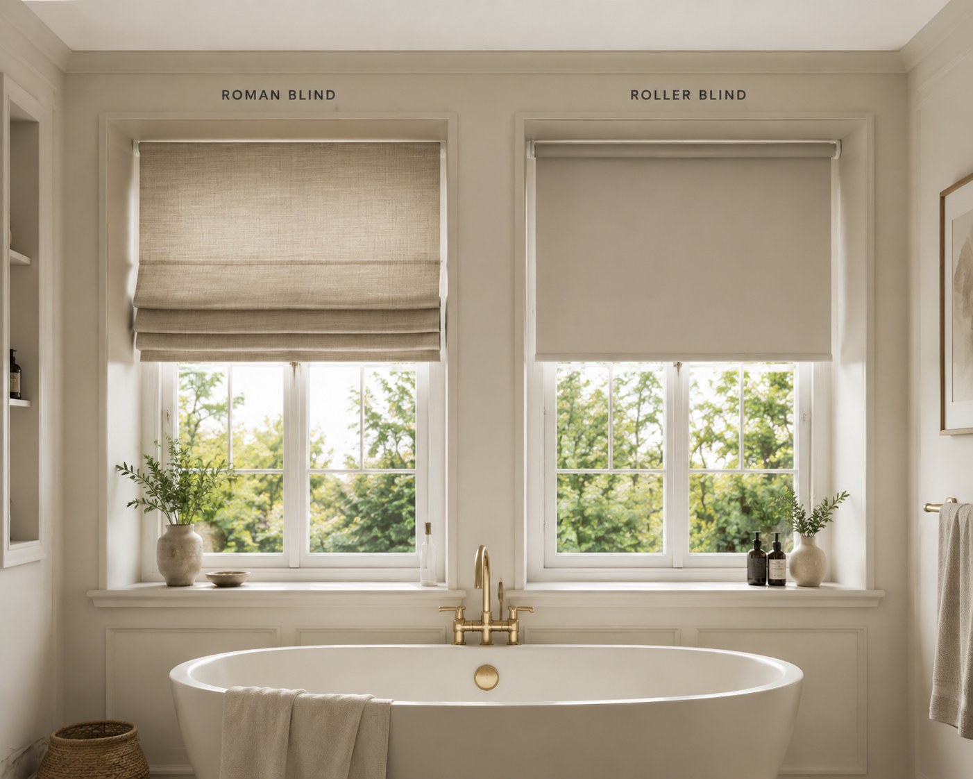 Roman blind and roller blind fitted at adjacent windows in a bright bathroom