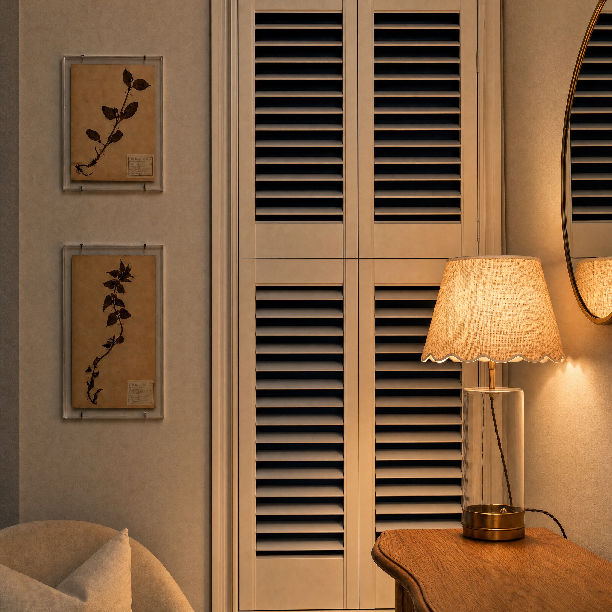 Honeycomb darkening blind integrated behind plantation shutters
