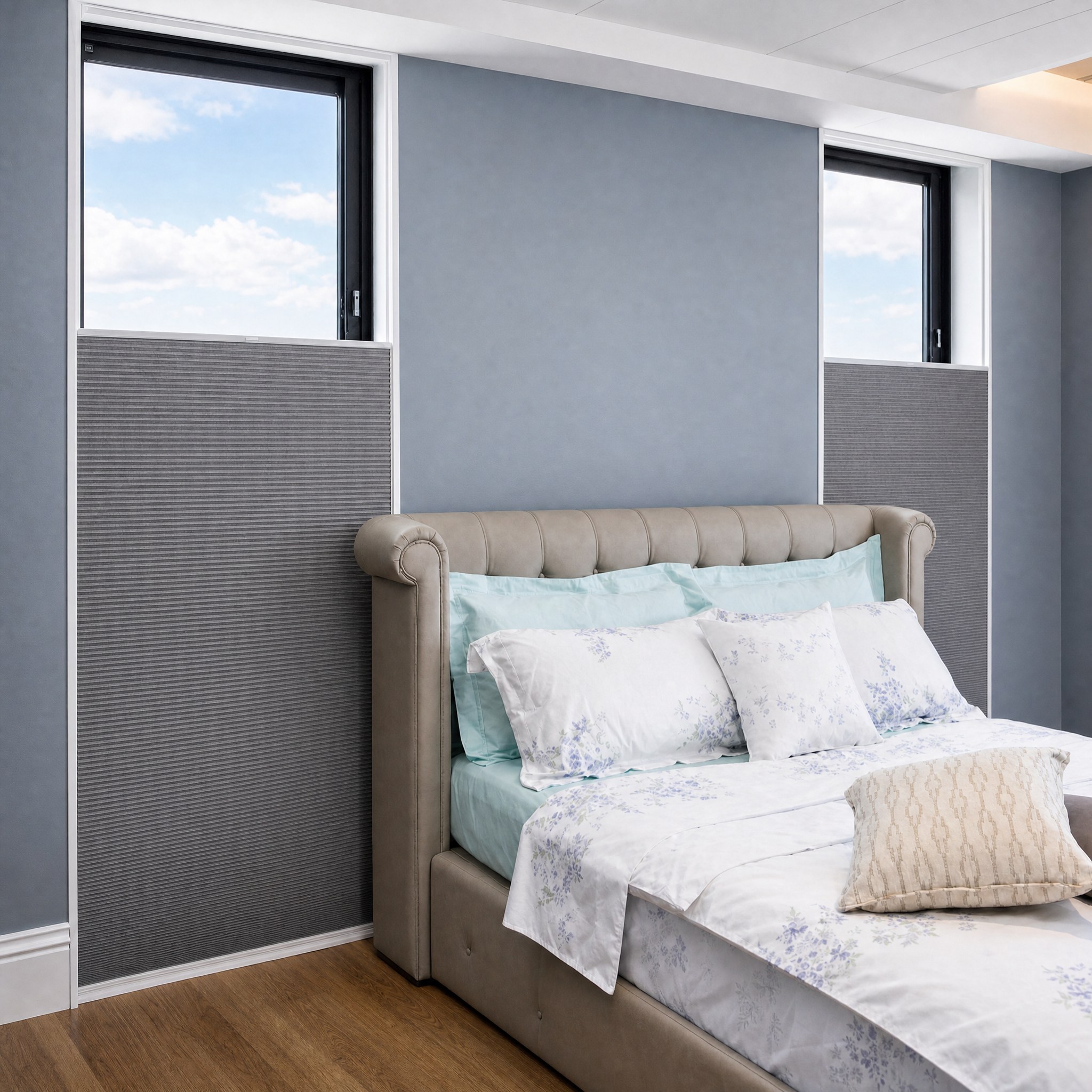 SmartFit Honeycomb blinds fitted directly within contemporary bedroom window surrounds