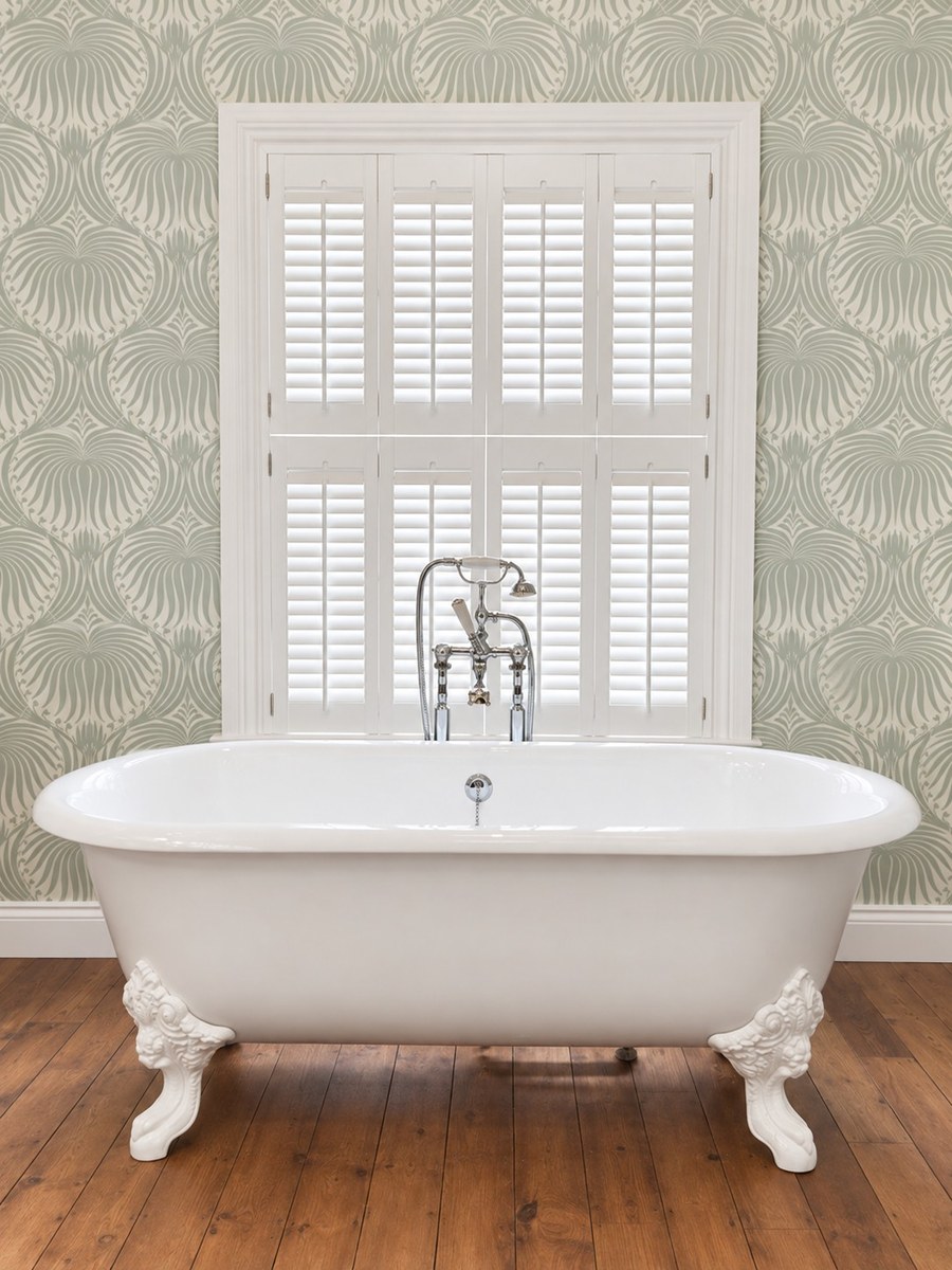 White tier-on-tier shutters above a roll-top bath in a bathroom