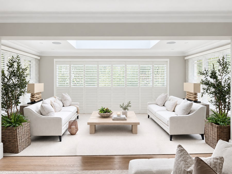 White tracked shutters across a wide living room wall under a skylight