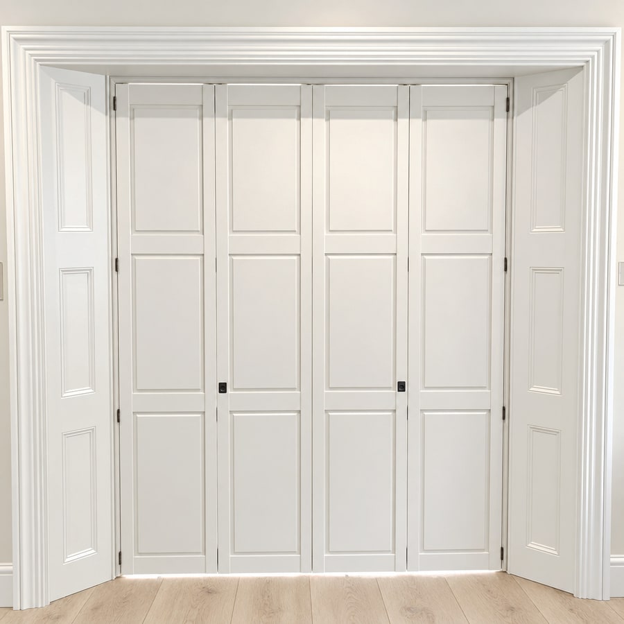 White solid panel shutters folded across a wide opening
