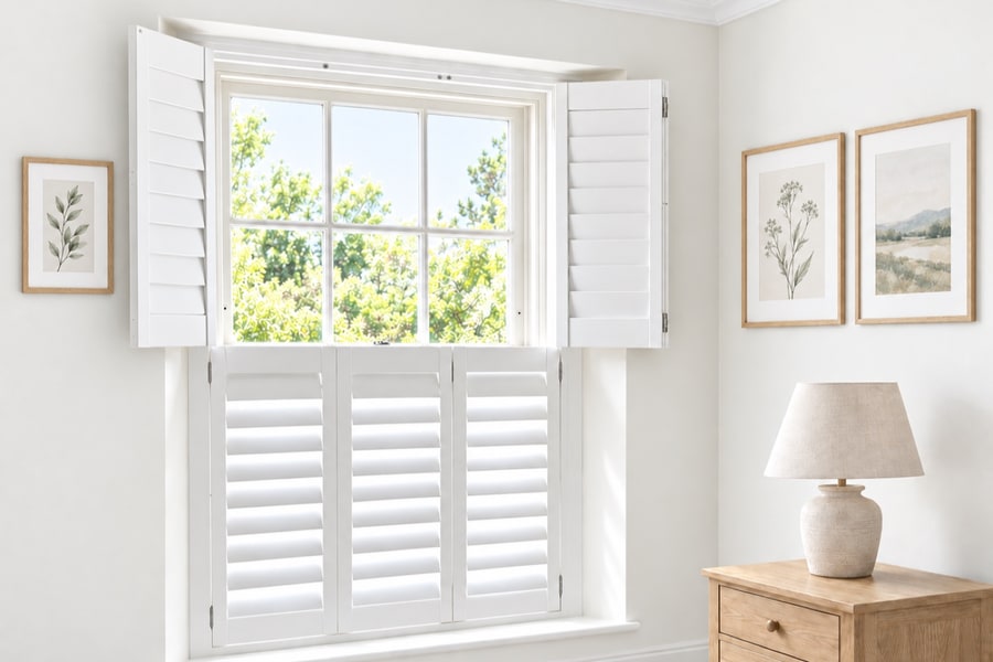 Tier-on-tier shutters fitted to a bay window