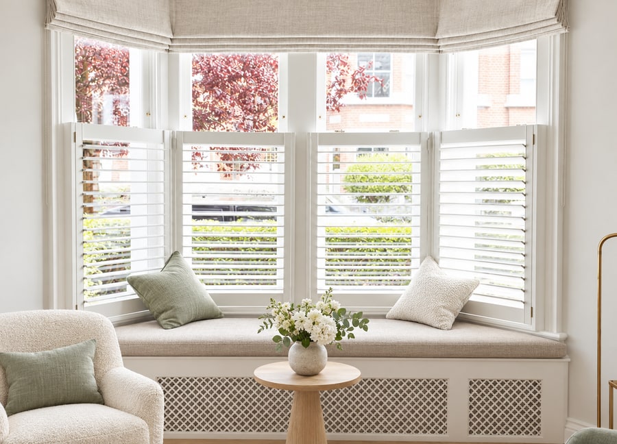 Café style shutters in a bay window with a window seat