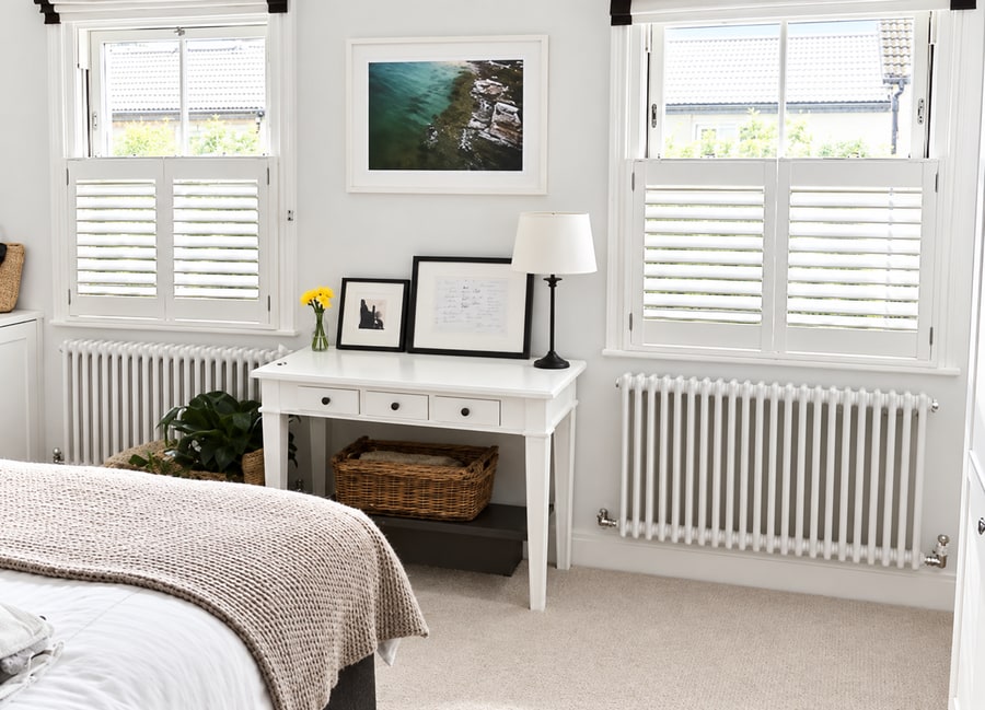 Two windows with white café style shutters in a bedroom