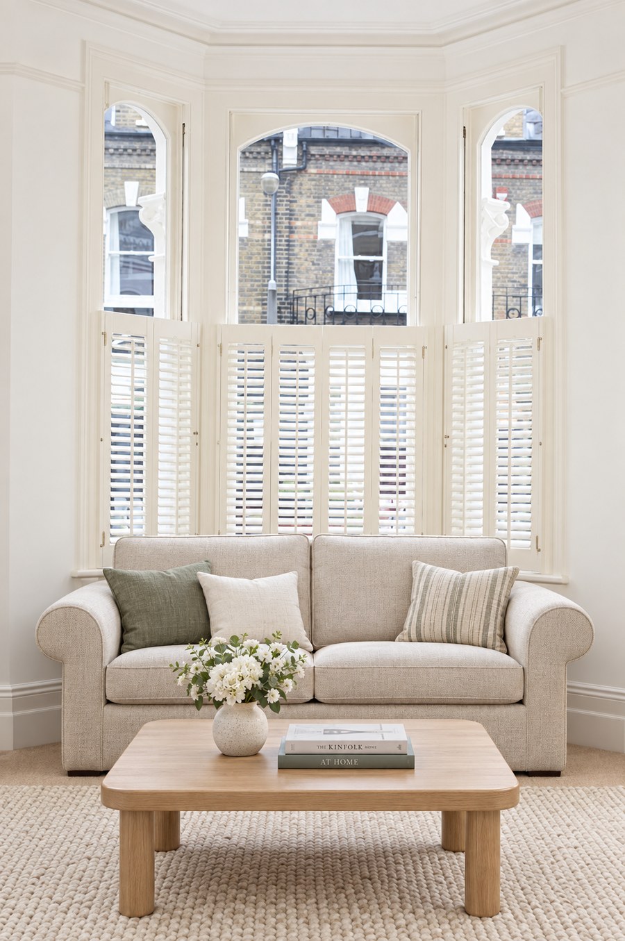 Café style shutters across a living-room bay window