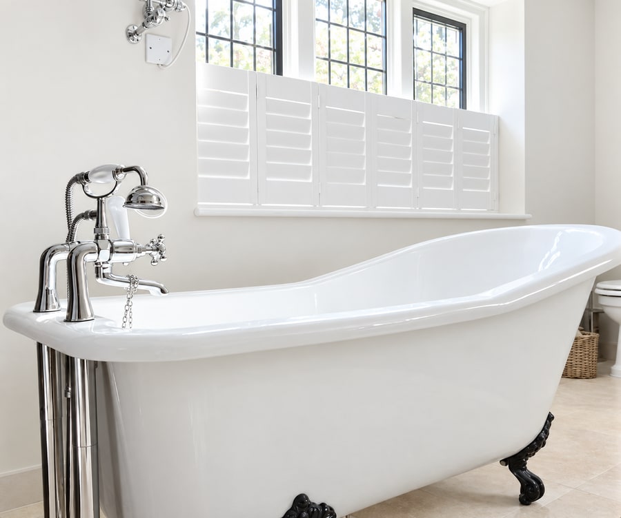 Café style shutters above a freestanding bath