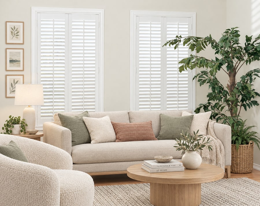 White full-height shutters in a living room
